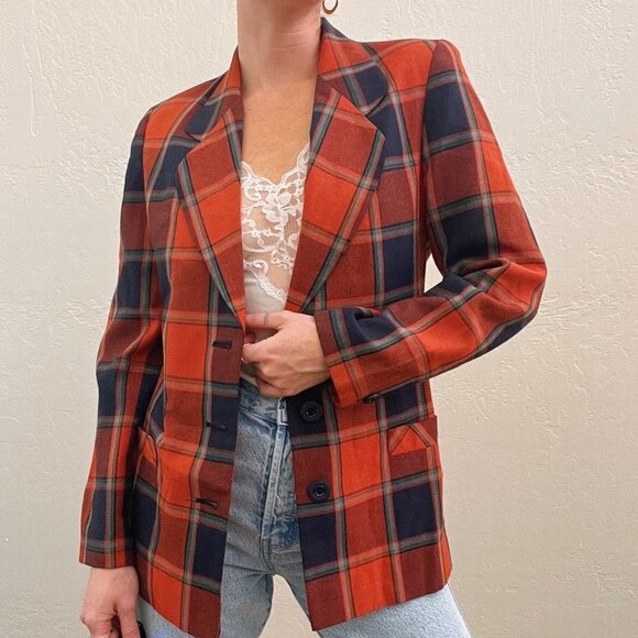 Vintage 1970's Orange Blue Plaid Boyfriend Blazer Jacket